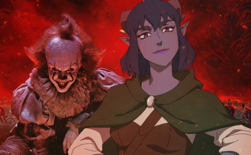 An image mashup of an animated character from The Mighty Nein with Pennywise the Clown from IT behind her
