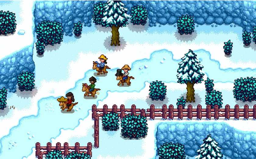Four players ride on horses in a pixel-art winter wonderland. Screenshot from Stardew Valley.